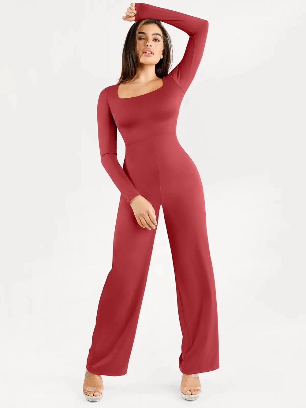 Popilush Shapewear Long Sleeve Square Neck Slimming Wide Leg Jumpsuit Large